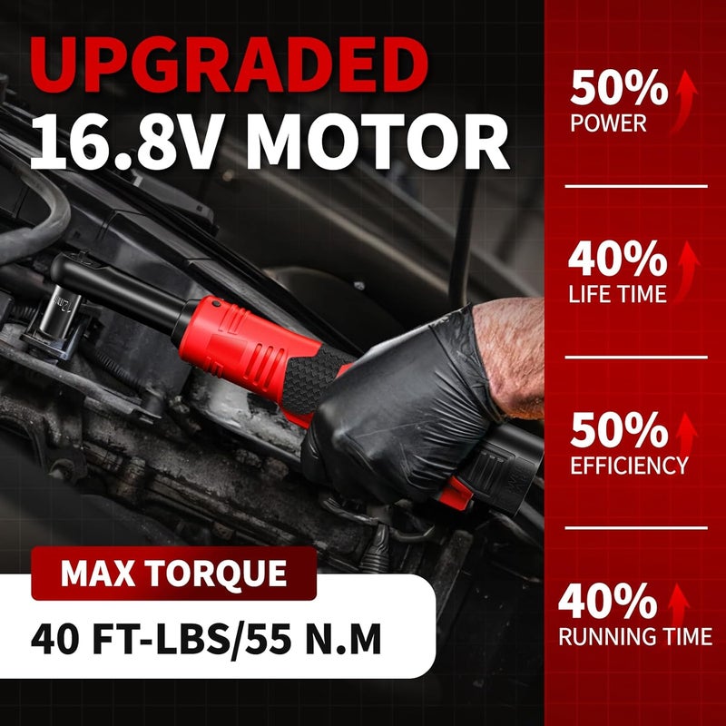 FULLYEA Cordless Electric Ratchet Wrench Set, 40 Ft-lbs, 550 RPM Power Ratchet,16.8V electric ratchet 3/8" drive with Variable Speed, 1/4" Adapter, LED Light, 2*2.0Ah Li-ion Batteries and Fast Charger - Image 3